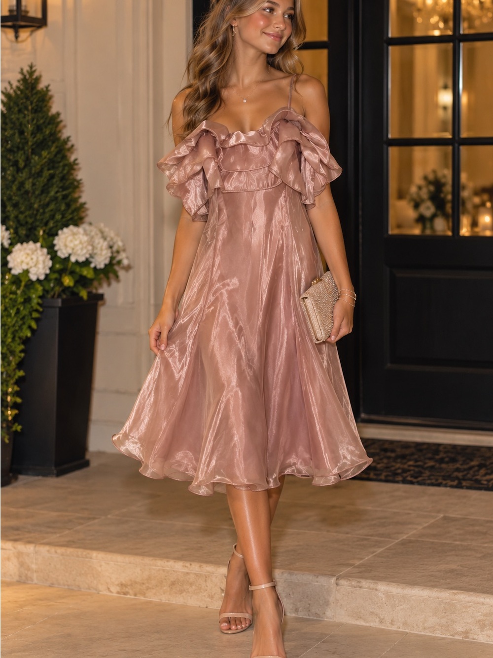 Ruffled Off-Shoulder Midi Dress in Rosewood